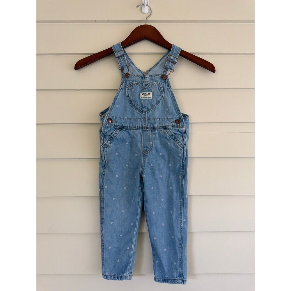 Vtg OshKosh B'gosh Heart Print Denim Overalls Girls 2T 90s Y2K Bib Pocket Rare